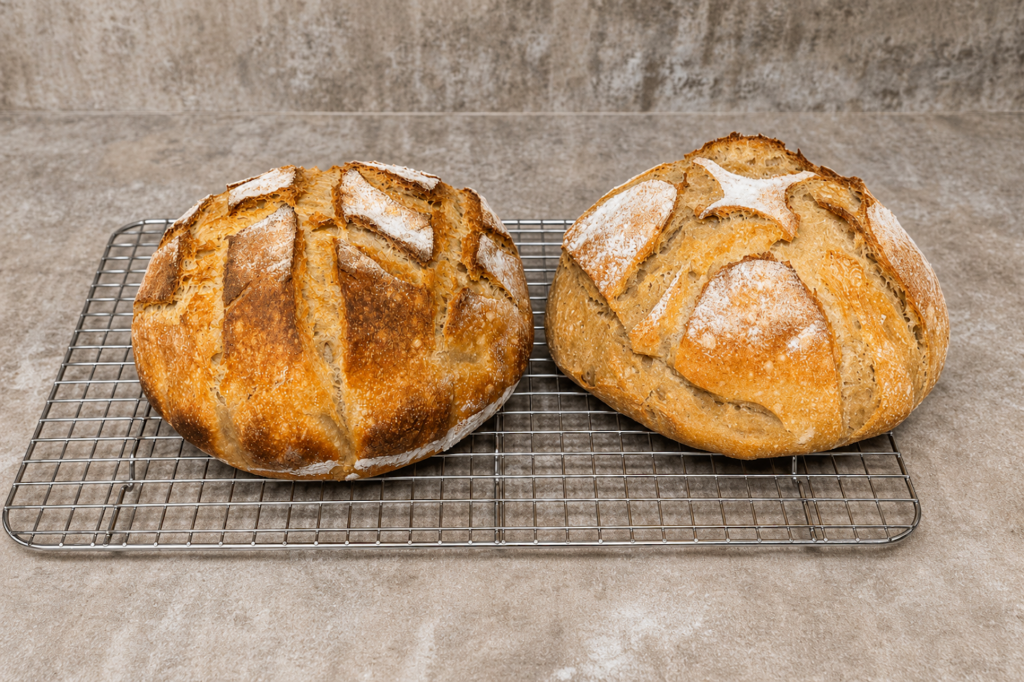 Two spelt sourdough loaves scored with different patterns