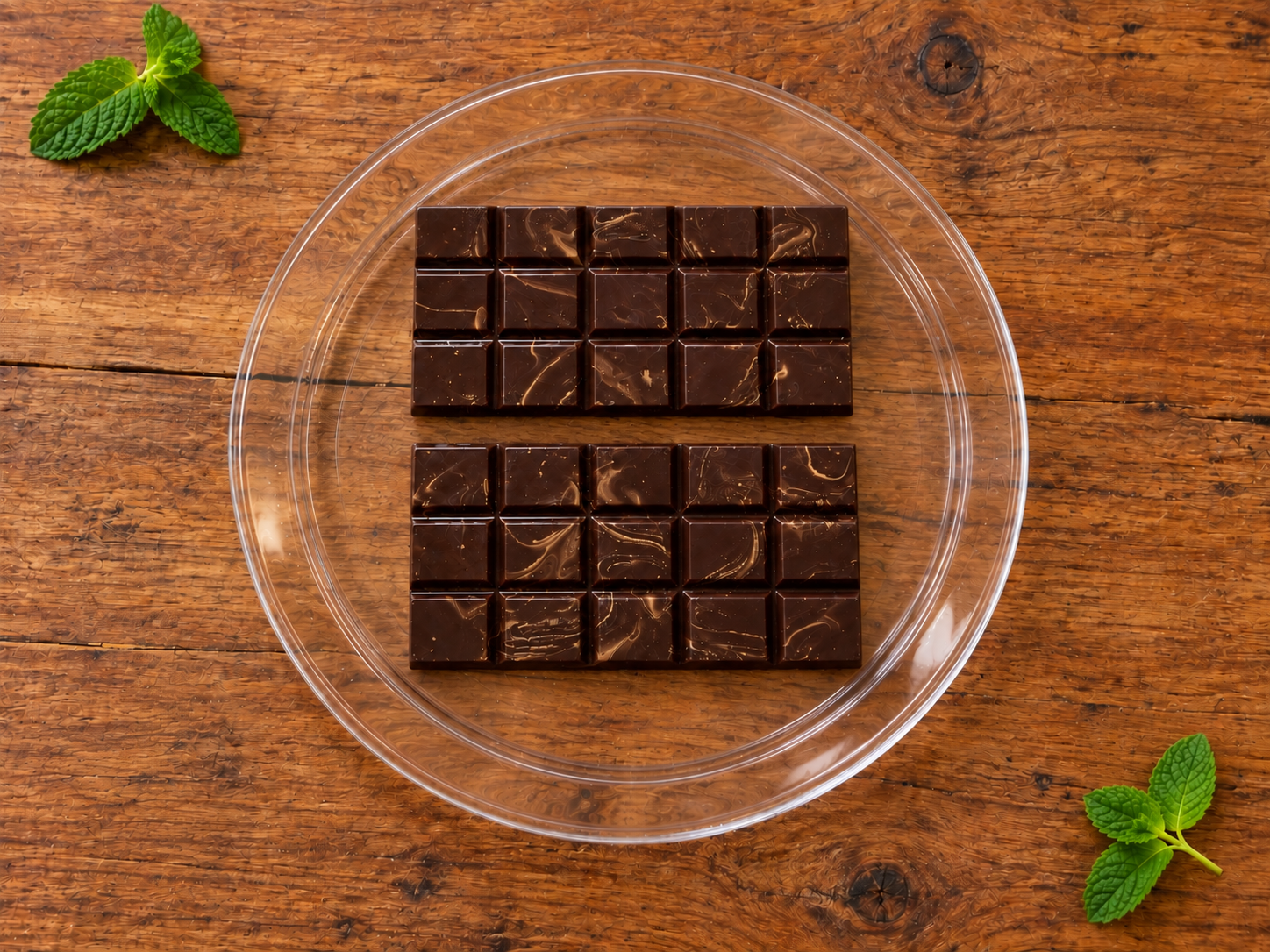 Two homemade mint chocolate bars with golden swirls on a plate beside fresh mint