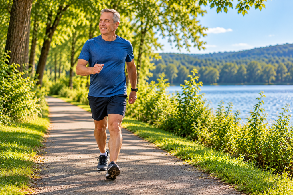 Older man briskly walking on a park trail beside a lake