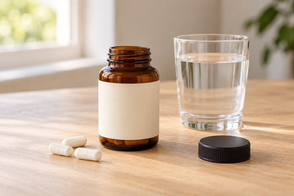 Unbranded amber supplement bottle with white capsules and a glass of water