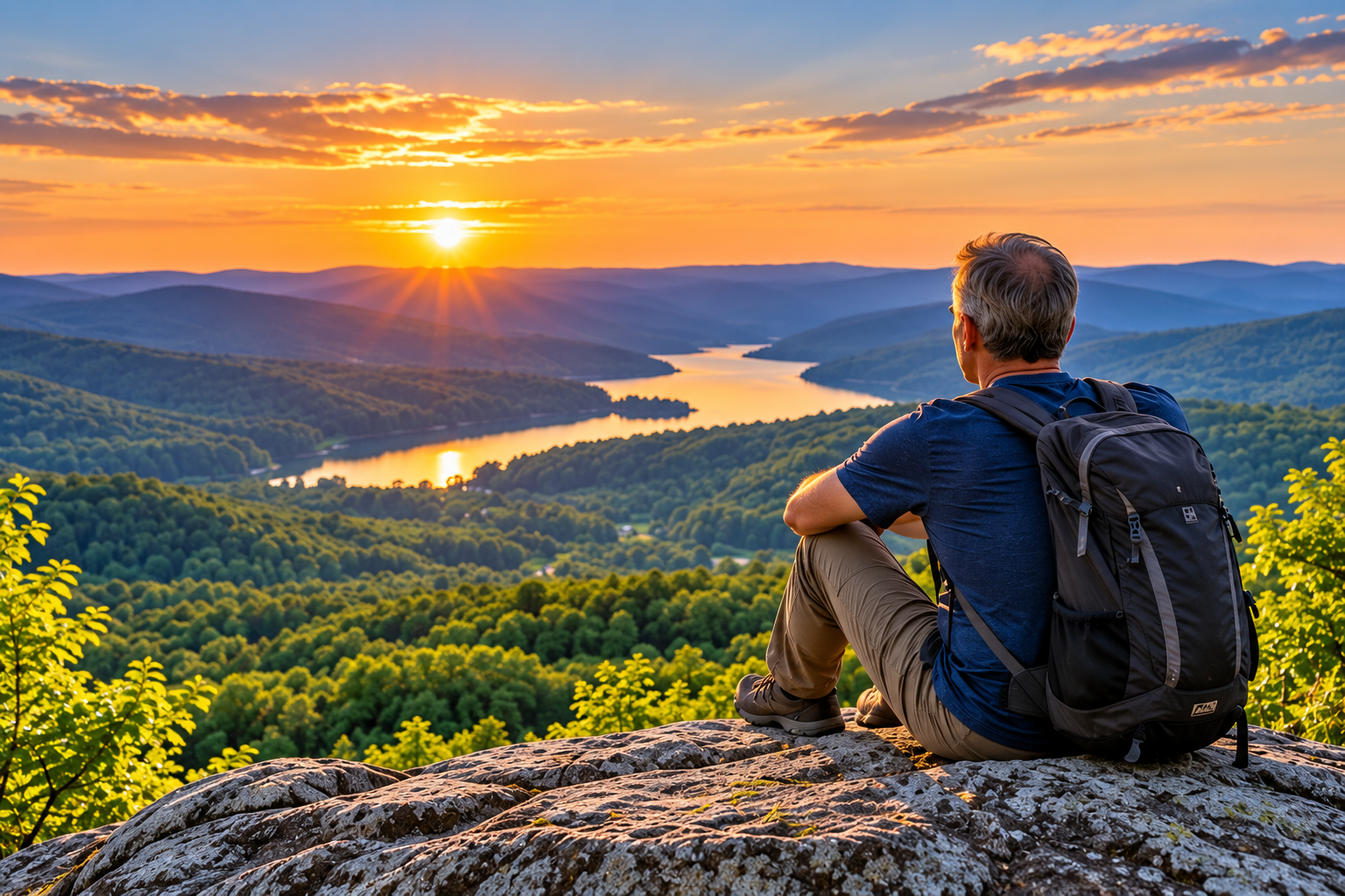Man enjoying time in nature overlooking mountains and water at sunset