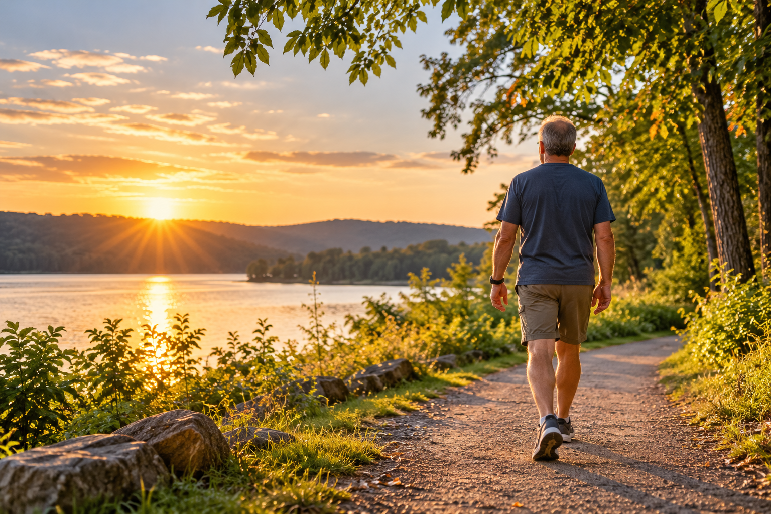 Man walking outdoors on a lakeside trail at sunset