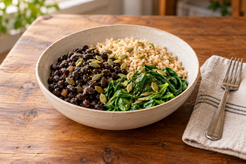 Bowl of black beans, brown rice, and cooked spinach topped with pumpkin seeds