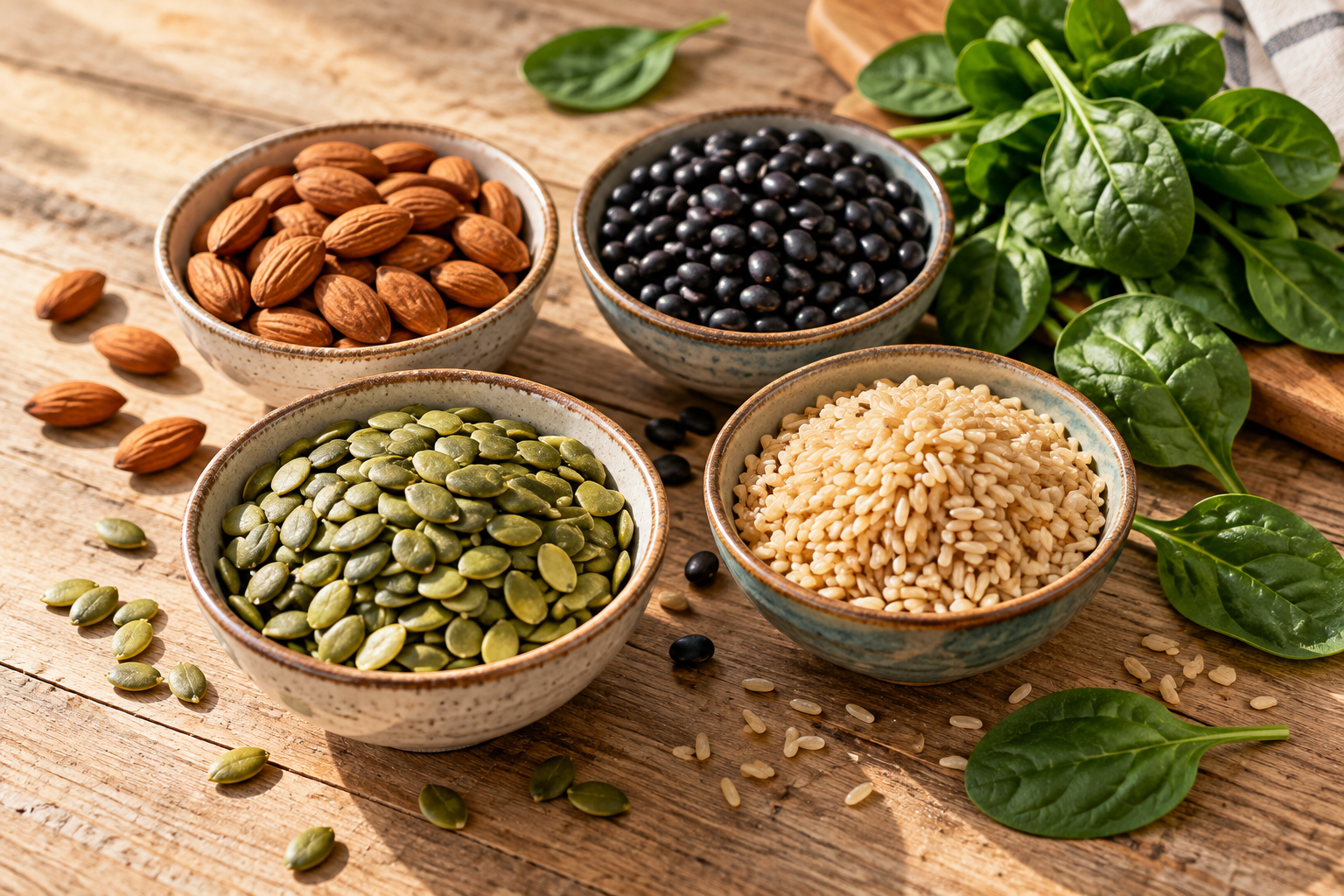 Bowls of pumpkin seeds, almonds, black beans, and brown rice beside fresh spinach