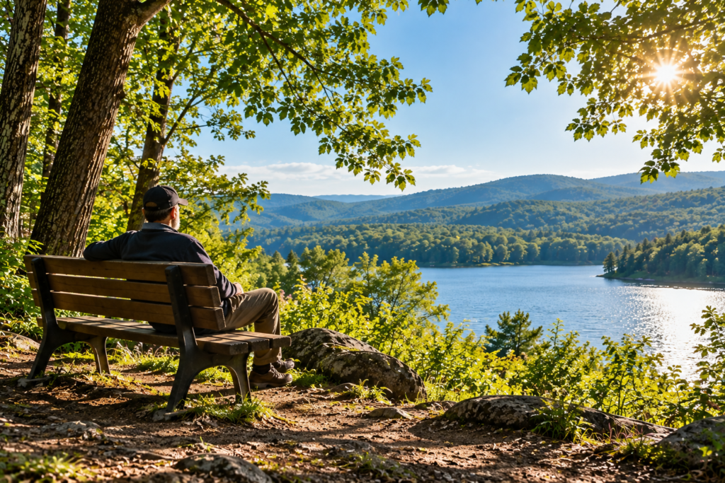 Man sitting outdoors by a lake in natural daylight