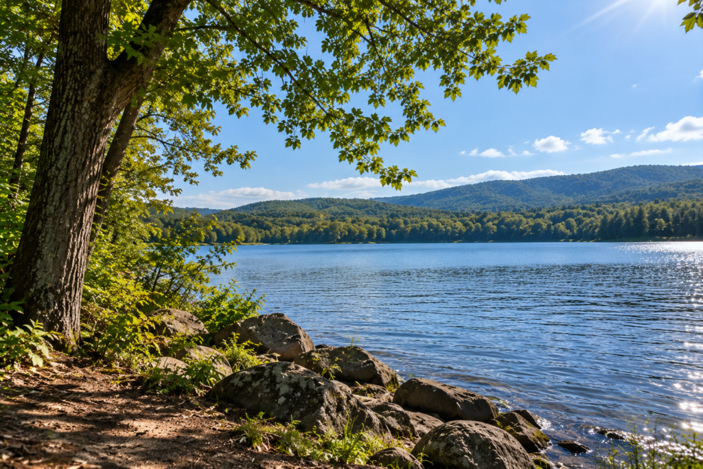 



Peaceful lake surrounded by trees and a wooded hillside