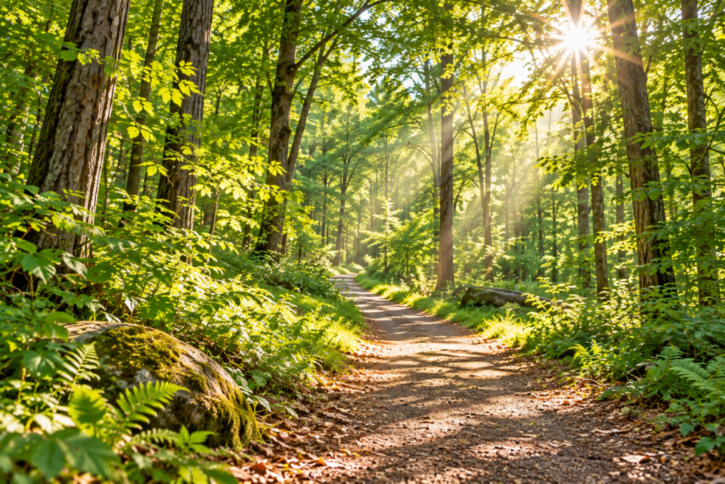 Sunlight filtering through trees along a peaceful forest trail