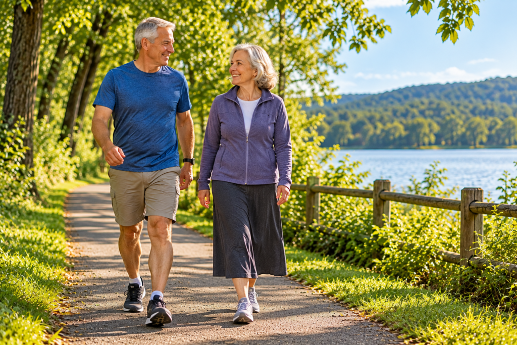 Older couple walking together on a lakeside path